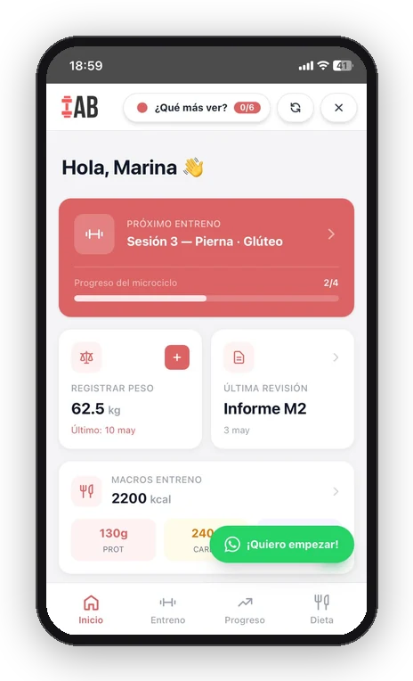 Captura de la app de AB Workout: entrenos, marcas y dieta
