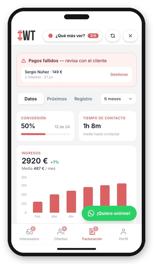 Captura de la app de Workout Team: facturación del entrenador con ingresos mensuales y conversión